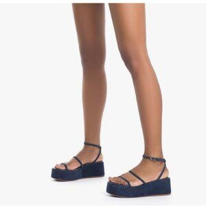 Pazzion Dark Blue Platform Strappy Open Toe Wedge Heel Sandal Strap Buckle Shoes